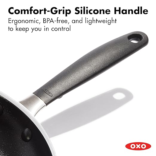 OXO Non-Stick Every Day Frying Pan Set, BPA-Free Comfort Grip Silicone Handles, Dishwasher & Oven Safe, PFAS-Free Ceramic Skillets, Black, 8”, 10” & 12”