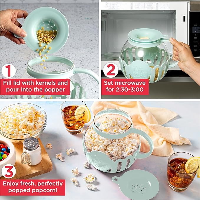 Ecolution Patented Micro-Pop Microwave Popcorn Popper with Temperature Safe Glass,3-in-1 Lid Measures Kernels and Melts Butter,Made Without BPA,Dishwasher Safe,3-Quart,Aqua,(Pack of 4)