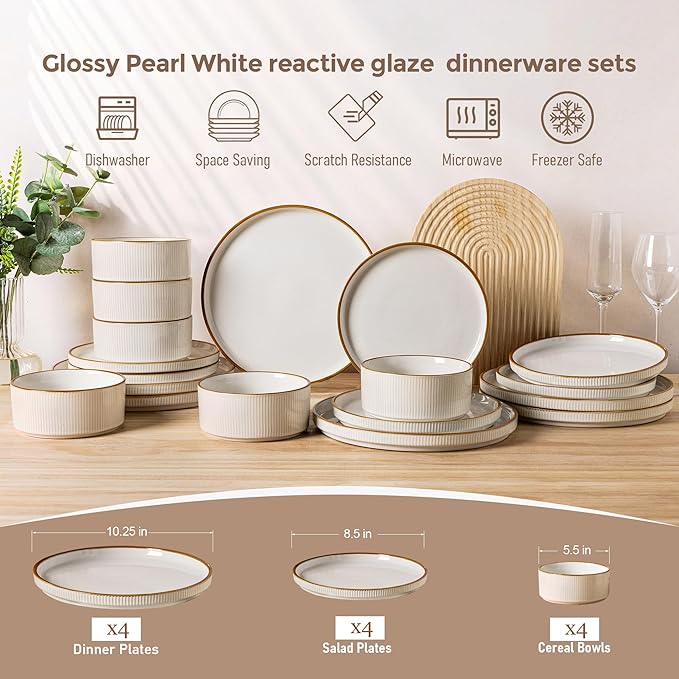 GBHOME 12-Piece Stoneware Dinnerware Set for 4 – Ribbed Ceramic Plates and Bowls, Scratch-Resistant, Microwave & Dishwasher Safe, Reactive Glaze, White with Honey-Brown Edge