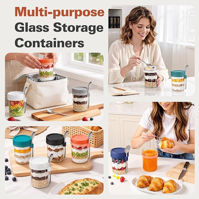 4 Pack Overnight Oats Containers with Lids and Spoons, 16 oz Airtight Oatmeal Container with Measurement Marks, Overnight Oats Jars for Cereal Fruit Vegetable Milk Salad Yogurt Meal Prep