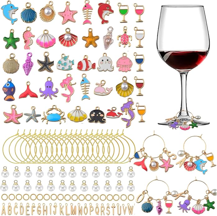 Wine Glass Charms Kit Wine Charms for Stem Glasses Identification Markers for Stem Glasses Tasting Party Favors & Holiday Decorations 300pcs Christmas Charm with Jingle Bell Pearls Letters
