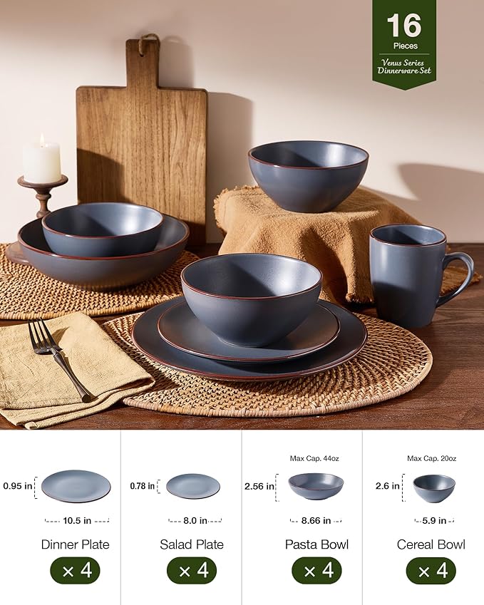 Famiware Venus Speckled Dinnerware Set with Pasta Bowls, Service for 4 (16 Pieces), Stoneware Plates and Double Bowls Sets, Microwave & Dishwasher-Safe Dishes with Trim, Matte Charcoal