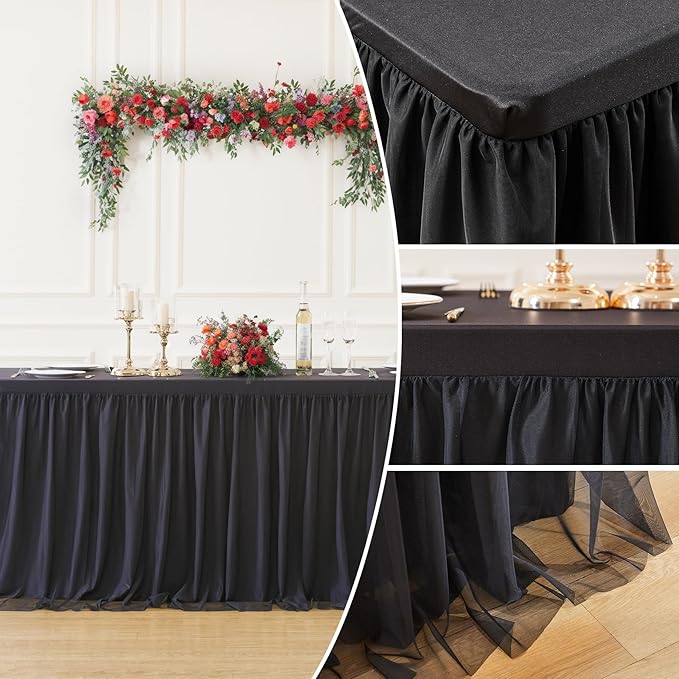 4 Pack Black Tulle Tablecloths for 8 Foot Rectangular Tables, 8ft Black Rectangle Table Cloths, Wrinkle Free Table Cover with Tutu Skirt for Wedding Birthday Party Banquet Buffet Event Decorations