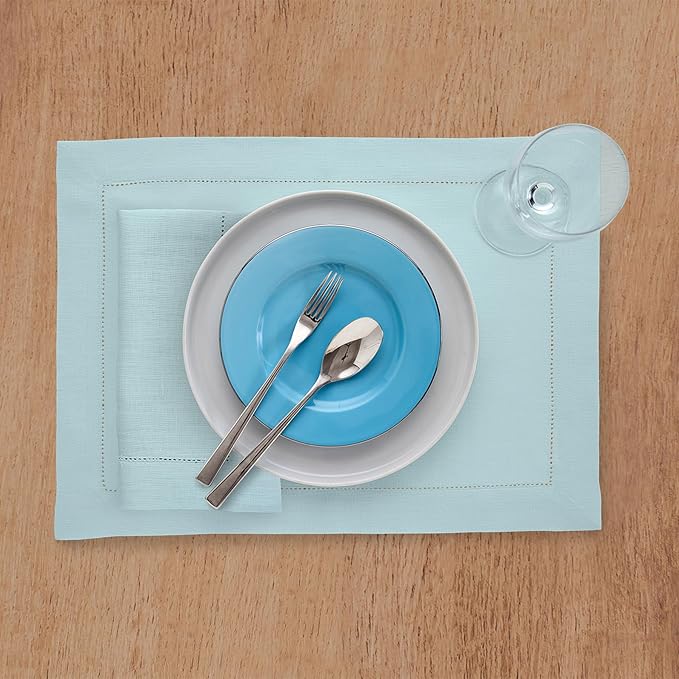 Solino Home Aqua Blue Linen Napkins Set of 4-100% Pure Linen Hemstitch Dinner Napkins 20 x 20 Inch for Winter, Spring, Easter - Classic Hemstitch