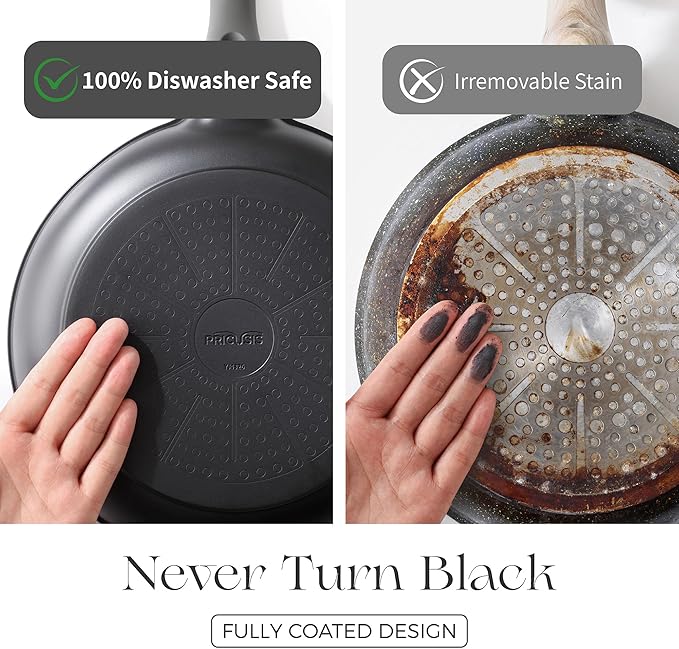 PRICUSIS Nonstick Frying Pan, 8/10/12 Inch Skillet with Stay Cool Handle, Fully Coated, Induction Compatible & Oven Safe, 100% Dishwasher Safe, PTFE & PFOA Free（10 Inch, Black Sesame）