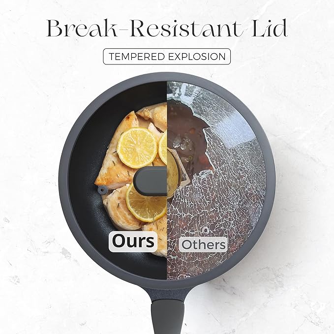 PRICUSIS Nonstick Frying Pan with Lid, 8/10 Inch Skillet with Stay Cool Handle, Fully Coated, Induction Compatible & Oven Safe, 100% Dishwasher Safe, PTFE & PFOA Free（8 Inch, Black Sesame）