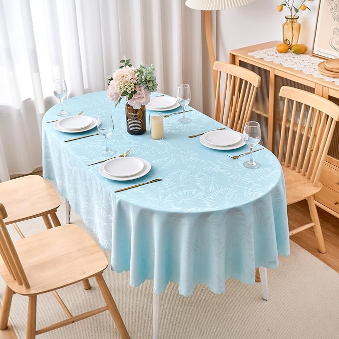 Oval Tablecloth 50x70 Inch Blue Table Cloth Leaves Pattern Scalloped Edge Silky Soft Fabric Waterproof Wrinkle Free Washable Table Cover for Kitchen Dinning Party Decoration
