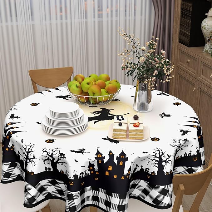 Halloween Tablecloth Round 60 Inch White and Black Castle Ghost Buffalo Plaid Table Cloth Rustic Holiday Table Cover for Kitchen Dinner Home Decor