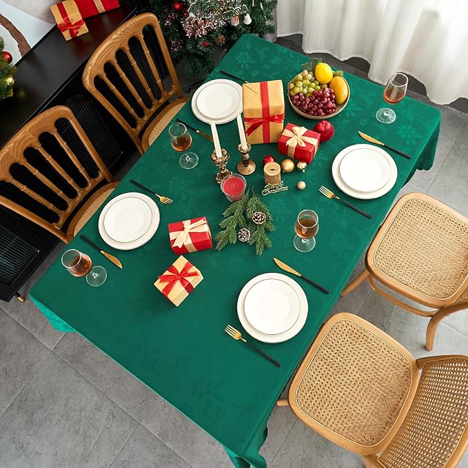 New Year Christmas Table Cloth for Rectangle Tables Jacquard Blackish Green Tablecloth Waterproof Washable Fabric Table Cover for Kitchen Dining Birthday Party Holiday Decor (60X84 in)