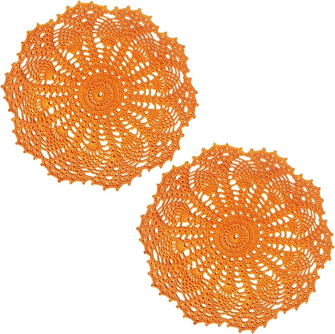 BIBITIME Lace Doilies Crochet Handmade Lace Coasters Round Placemat Rustic Table Doilies Decors for Kitchen Dining Room Party Dressers (11 inches to 12 inches,Pack of 2 PCS, Orange)