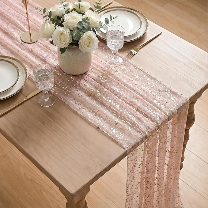 Artoid Mode Gold Gauze Pink Table Runner 120 Inch 10FT, Glitter Metallic Foil Sheer Dining Wedding Anniversary Holiday Birthday Table Decor for Home Party