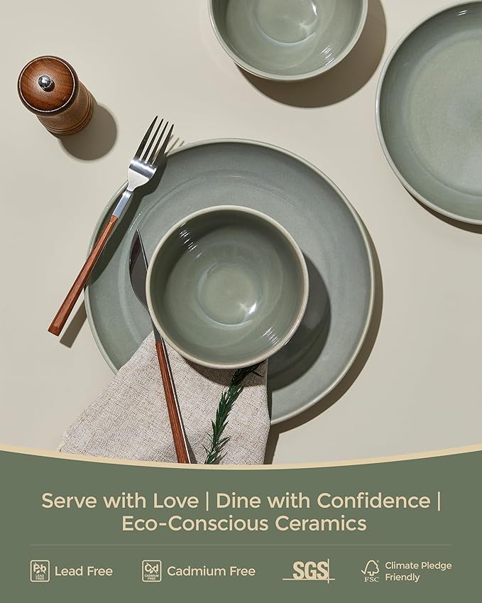 Stoneware Dinnerware Sets Service for 12, 36 pcs Reactive Glaze Plates and Bowls Sets, Handmade Ceramic Dish Set, Highly Chip and Crack Resistant Modern Plate Set, Gradient Green