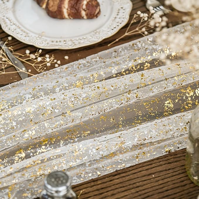 Artoid Mode Beige Gold Gauze Table Runner 120 Inch 10Pcs, Glitter Metallic Foil Sheer Dining Wedding Anniversary Holiday Birthday Table Decor for Home Party