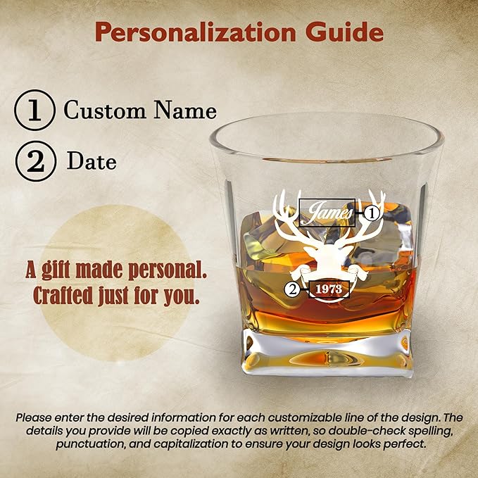 Personalized Engraved Whiskey Glass 10.25 oz – Etched Bourbon Glass with Heavy Base, Old Fashioned Cocktail Glass, Groomsmen & Father’s Day Gift (Whiskey Design 6)
