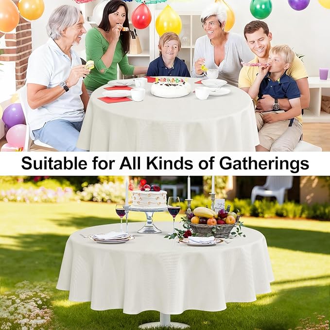 JIUZHEN Round Table Cloth Faux Linen Farmhouse Tablecloth Wrinkle and Stain Resistant Decorative Fabric Table Cover for Kitchen, Dining Room, Parties and Camping, White, 90 Inch Round