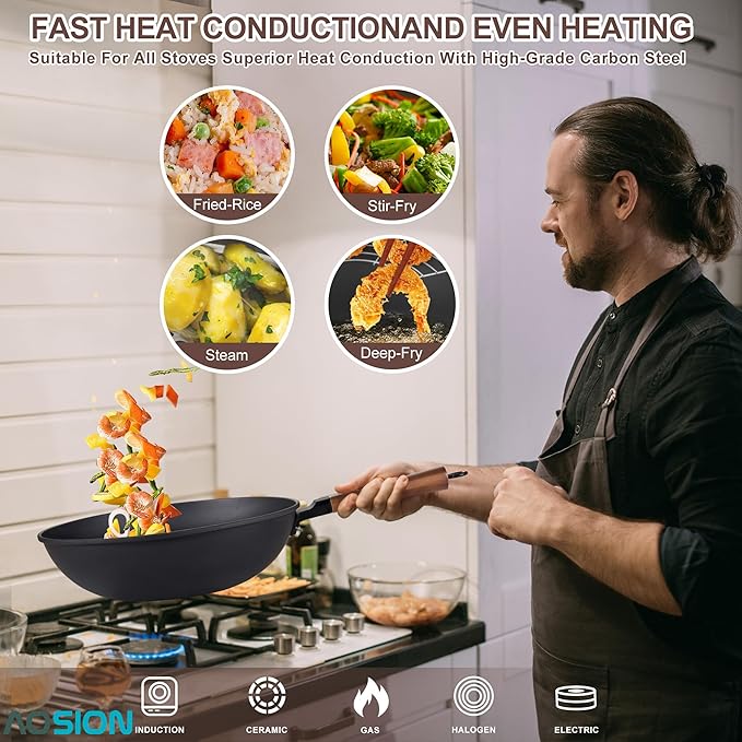 AOSION 13'' Carbon Steel Wok, 12 Piece Wok Pan & Stir-Fry Pans Set with Lid & Cookwares, No Chemical Coated Flat Bottom Chinese Wok Pan for Induction, Electric, Gas, Halogen, All Stoves