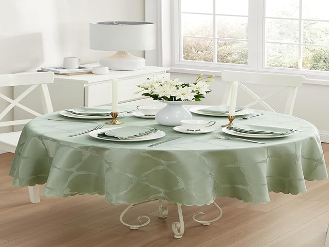 Newbridge Ribbons and Bows Damask Spring & Easter Holiday Fabric Tablecloth, Sage Green, 60 x 102 Inch Oval, Wrinkle & Stain Resistant Table Cover