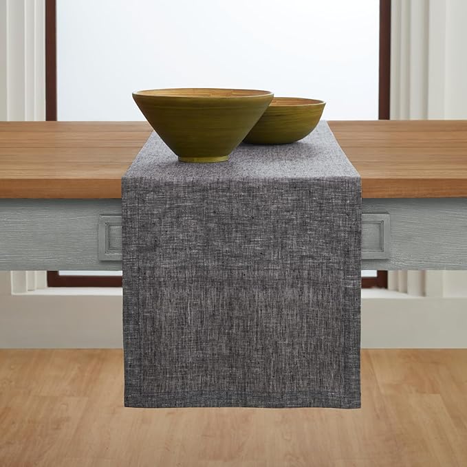 Solino Home Linen Chambray Black Table Runner 120 Inches Long - Athena, 100% Pure Linen 14 x 120 Inch Table Runner for Winter