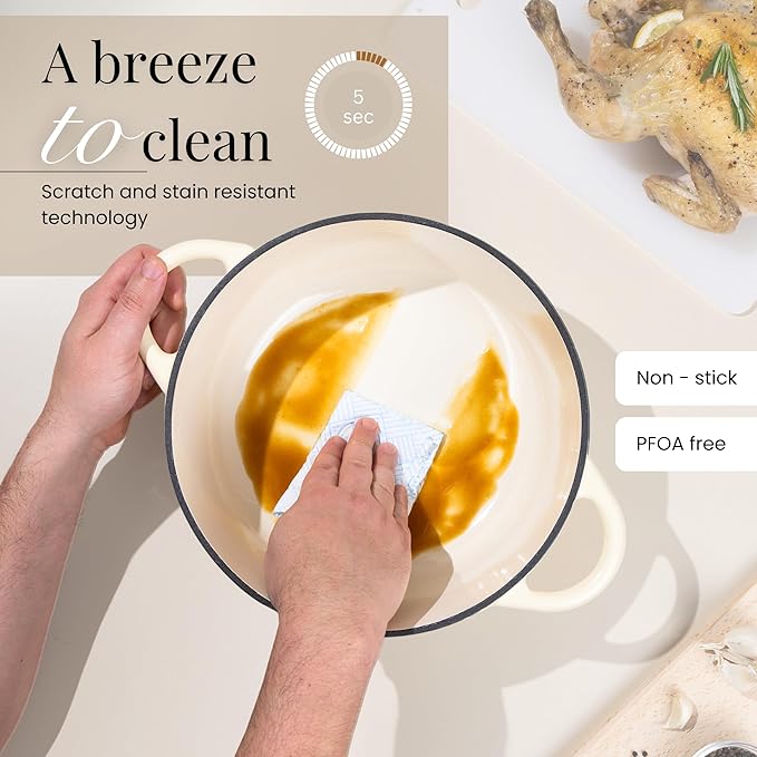 Nuovva Enamelled Cast Iron Dutch Oven Pot with Lid 7.3 Quart Non Stick Casserole Pot – Heavy Duty & Oven Safe up to 500° F for Bread Baking, Braising, Stews, Roasting – 30cm Cream