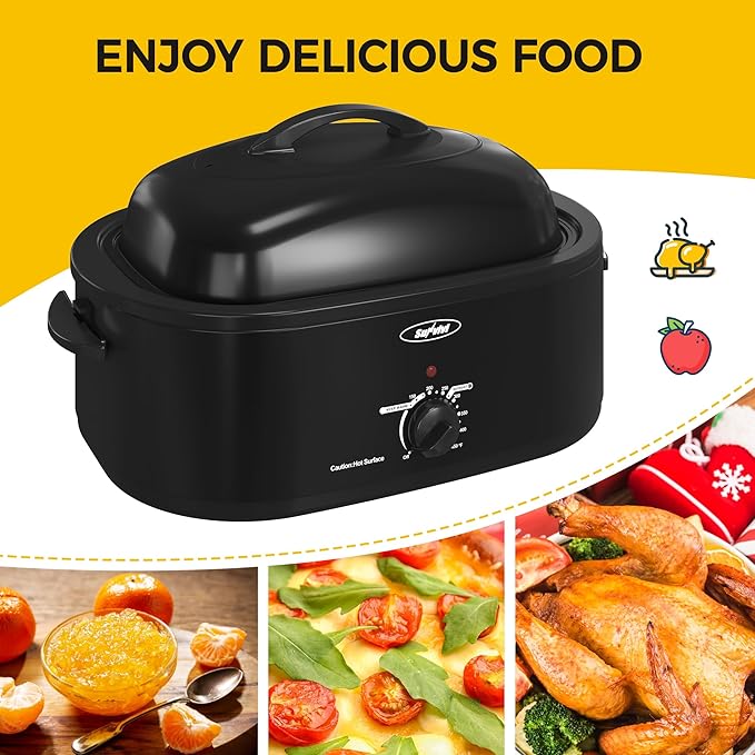 22-Quart Electric Roaster Oven with Removable Pan and Self-Basting Lid, Perfect for Turkey Roasting with Temperature Control from 150 to 450°F and Cool-Touch Handles，Black