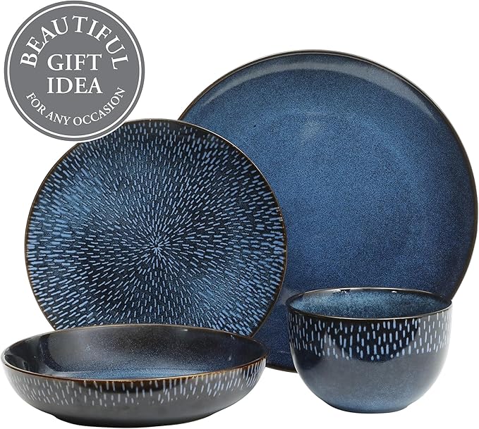 Gibson Elite Matisse 16-Piece Dinnerware Set – Double Bowl Reactive Glaze Cereamic Stoneware in Blue – Plates and Bowls Sets for 4, Microwave & Dishwasher Safe, Rustic Modern Design