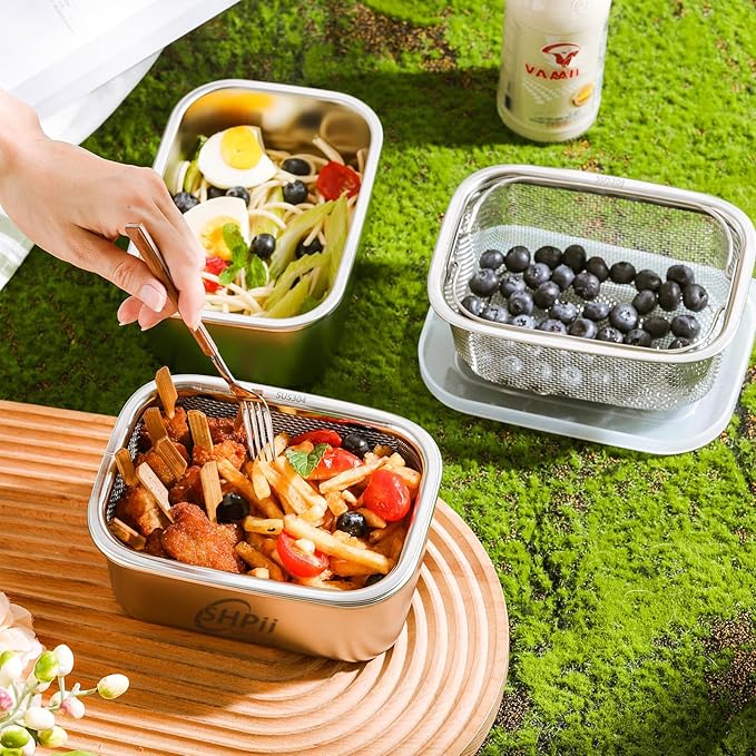 Square Colander Set,304 Stainless Steel with PE Lid,Storage Container,Prep,Tofu Drainer,Shellfish Drainer,Back of House Preparation,Refrigerator Storage,Picnic Party (1100ML)