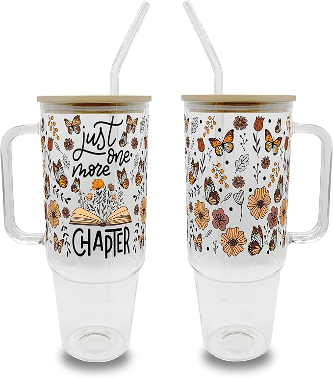 Sip-Sip Hooray! Just One More Chapter 40oz Glass Tumbler with Lid and Straw Book Lover Gift Aesthetic Iced Coffee Cup Large Handmade Reader Drinkware for Booktok and Readers