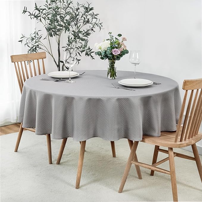 maxmill Round Weaved Texture Design Tablecloth Spill-Proof Wrinkle Free Soft Washable Table Cloth for Circular Table Cover, for Dining Room Buffet Banquet Parties Holiday Dinner, 90 Inch Light Grey