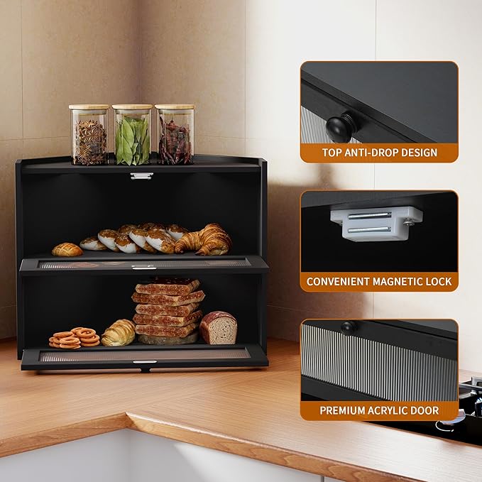 2 Tier Bread Box, Natural Bamboo Wood Bread Storage Container Cabinet with Window for Kitchen Countertop, Space Saver Handmade Sandwich Bread Keeper for Home Bakery (Black Corner Breadbox)