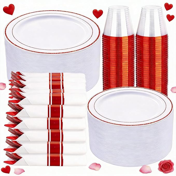 WELLIFE 350 Pcs Red Plastic Plates for 50 Guests - Plastic Dinnerware Set,Valentines Party Supplies Includes 100 Red Plates,150 Silverware,50 Napkins,50 Cups, Valentines Plates