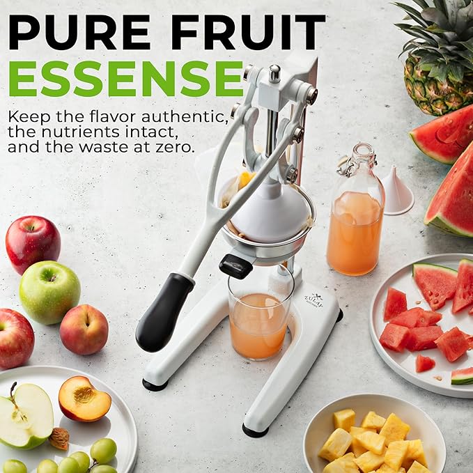 Zulay Kitchen Pulverizer 9 in 1 Cast Iron Juicer - Easy-to-Clean Heavy-Duty Manual Juicer with Presser Attachment to Juice All Types of Fruits! Extra Tall with Stainless Steel Bowl - White