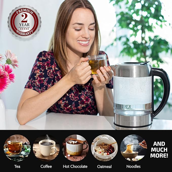 OVENTE Electric Kettle with 1.7L Borosilicate Glass, 1500W Instant Water Boiler and Heater for Coffee or Tea, BPA Free, Easy to Fill Lid, Auto Shut-Off and Boil Dry Protection, Silver KG612S