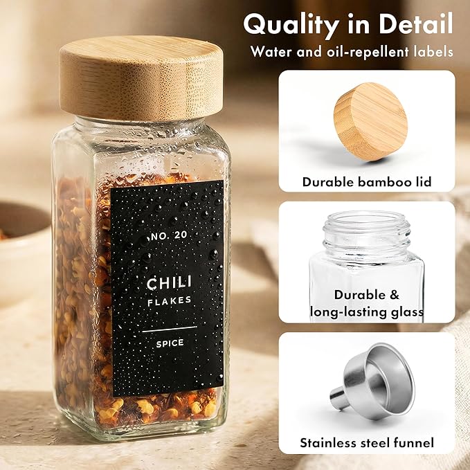 EDELHAUS® Square Spice Jars with Bamboo Wooden Lid (Pack of 24) Spice Jars with Shaker Insert and 240 Labels - Bamboo Lid Glass Container for Spice Organisation [4.3 in × 1.8 in]