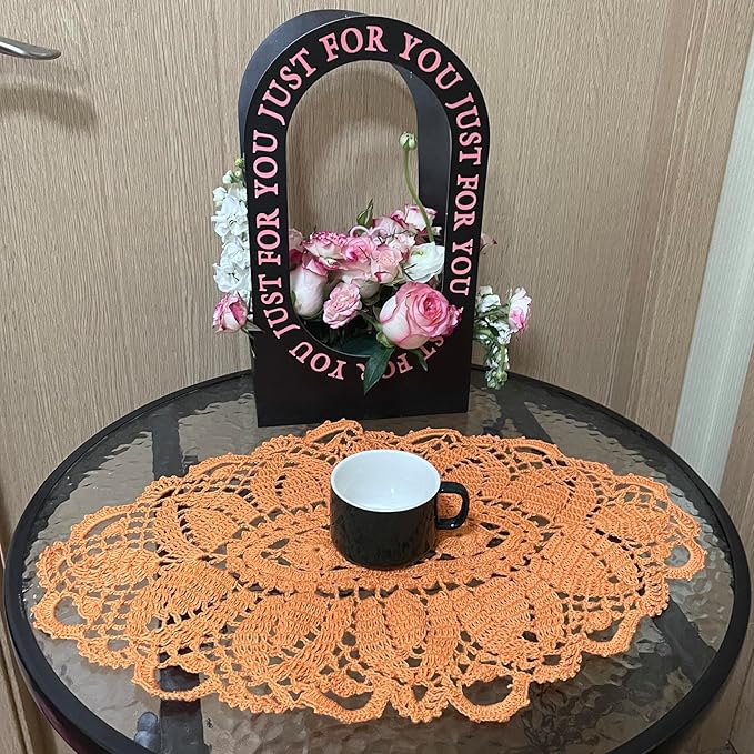 BIBITIME 2PCS 12 in x 22 in Lace Tablecloth Doily Handmade Crochet Placemat Women Vase Mat Kitchen Table Runner (Orange)