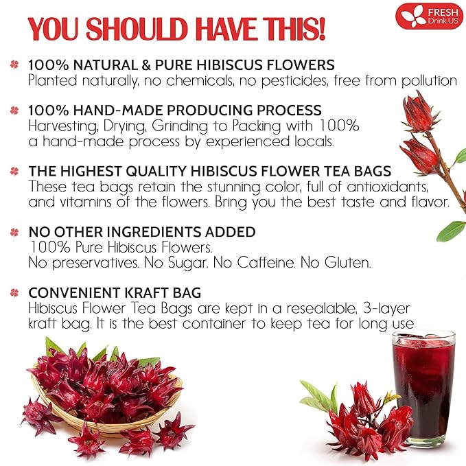 FreshDrinkUS, Premium 30 Hibiscus Flowers Tea Bags, 100% Natural & Pure from Hibiscus Flowers. Loose Flower Herbal Tea. No Sugar, No Caffeine, No Gluten, Vegan.