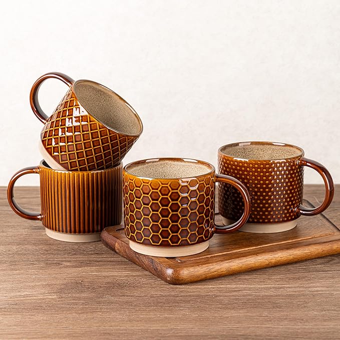 GBhome 15OZ Stackable Coffee Mugs, Ceramic Coffee Cups with Texture Patterns for Man,Woman,Dad,Mom, Modern Mugs Set of 4 for Latte/Cappuccino/Cocoa. Dishwasher&Microwave Safe, Caramel