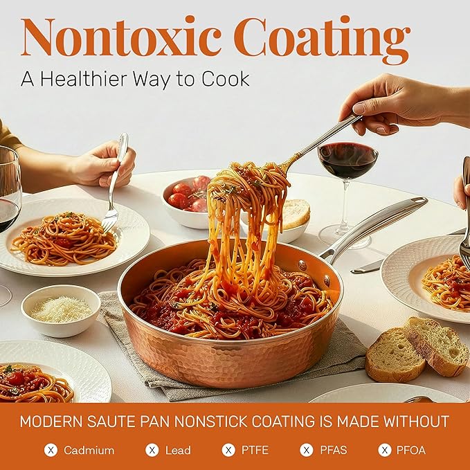 GOTHAM STEEL 4 Qt Saute Pan with Lid, Large Nonstick Skillet for Cooking, 12” Hammered Deep Frying Pan, Family Sized Pans, Ceramic Coating for Sauce, Induction Ready Oven & Dishwasher Safe, Non Toxic