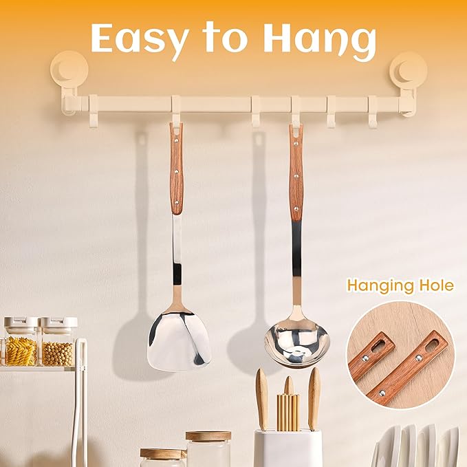 FJNATINH Wok Spatulas and Ladle, Heat Resistant Wooden Handle Wok Utensils, Stainless Steel Cooking Utensils for Serving, Turning, Stirring, Set of 2