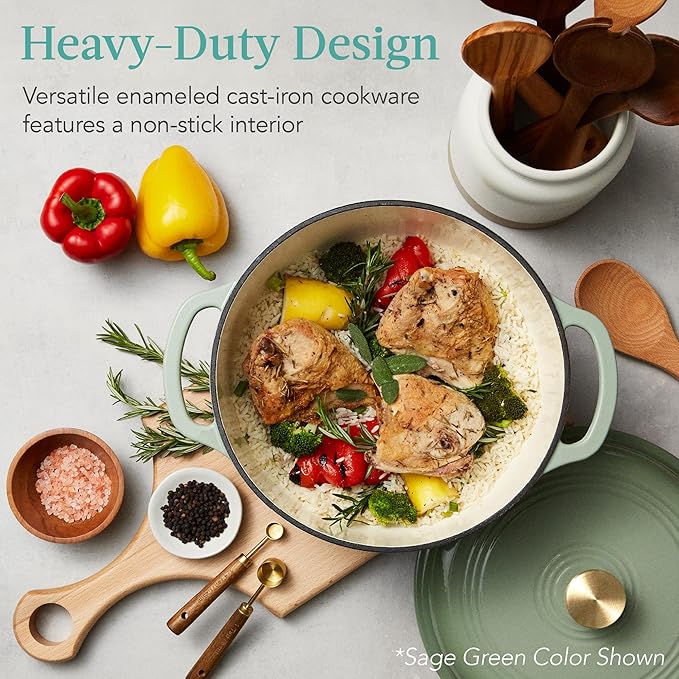 Best Choice Products 6 Quart Enamel Cast-Iron Round Dutch Oven, Family Style Heavy-Duty Pre-Seasoned Cookware for Home, Kitchen, Dining Room, Oven Safe w/Lid, Dual Handles - Deep Olive Green