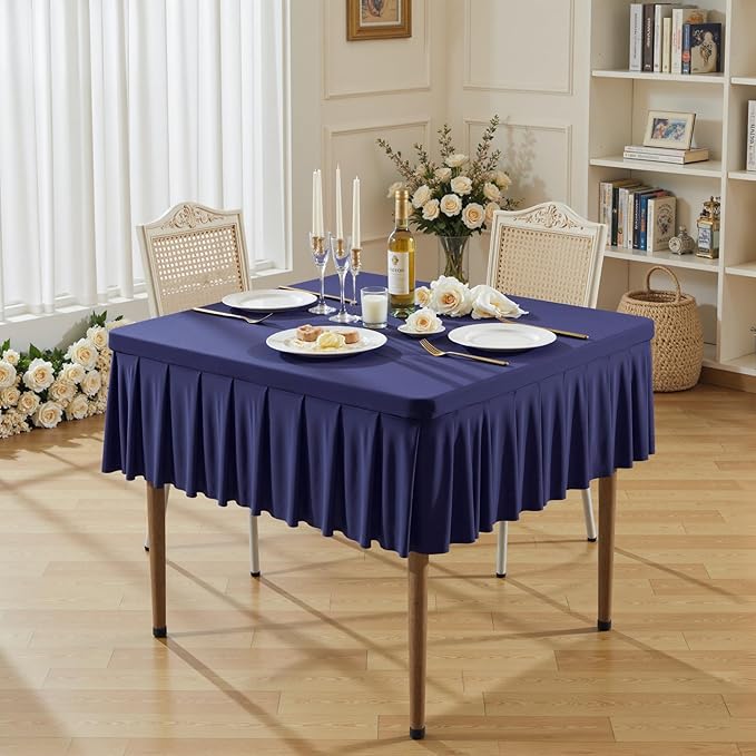 Wish Care Navy Blue Spandex Tablecloths for 34x34 Inch Square Tables, Stretch Fitted Table Clothes with Pleated Ruffle Skirt for 34” Table, Wrinkle Free and Elastic, for Party Kitchen Home Dining