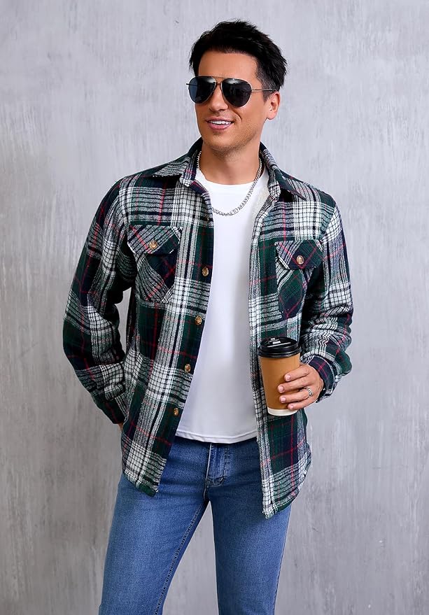 Men's Cotton Sherpa Lined Button Down Flannel Shirt Jacket Plaid Soft Outdoor Flannel Jacket Shirt