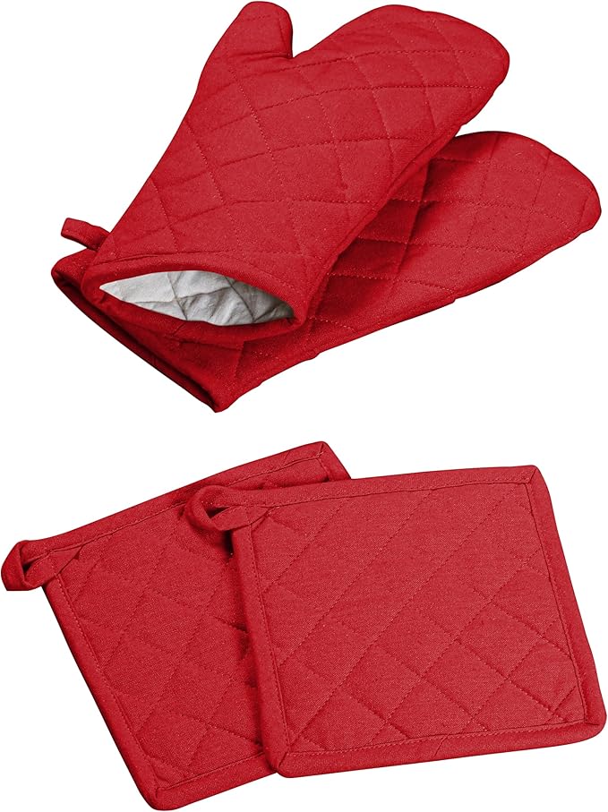 Oven Mitt + Pot Holder 100% Cotton Heat Resistant Kitchen Oven Gloves (7"x13") & Hot Pads (8"x8") for Gifts, Chef, Women & Men - Red