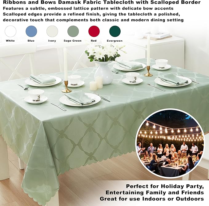 Newbridge Ribbons and Bows Damask Spring & Easter Holiday Fabric Tablecloth, Sage Green, 60 x 84 Inch Rectangle, Wrinkle & Stain Resistant Table Cover