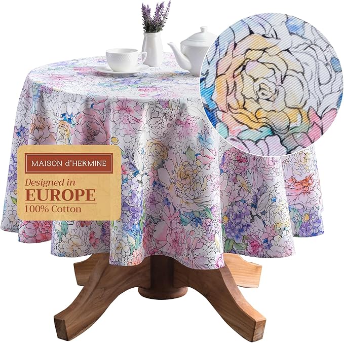 Maison d' Hermine Table Cloth Round Table 100% Cotton 69 Round Inches Tablecloth Reusable Decorative for Dining Room Farmhouse Home Valentines Day Decorations Spring Summer - Floral Love