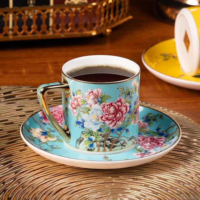 KAMMAK Tea Cups and Saucers Set of 2, Porcelain Coffee Cup with Saucer for Espresso, Cappuccino, 7.5oz Vintage Yellow and Blue Floral Ceramic Novelty Mug for Home, Tea Party, Office