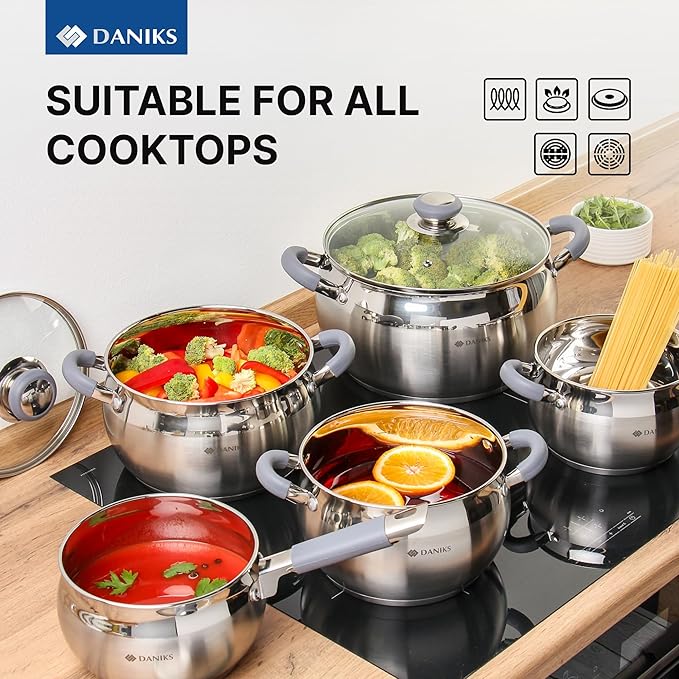 Daniks Modern 10-Piece Stainless Steel Cookware Set with Glass Lids, Includes Saucepan, Tri-Ply Bases for Even Heating, Induction Compatible, Dishwasher Safe, Heatproof Handles