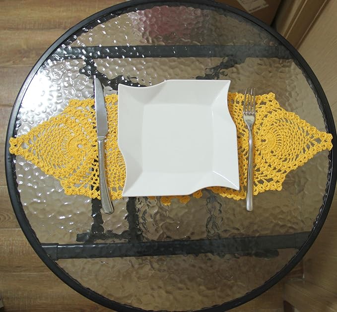 BIBITIME Crochet Lace Table Doilies Eyes Flower Doily Kitchen Vase Place Mats (Style02-Yellow, 7 in x 21 in,Pack of 1PC)