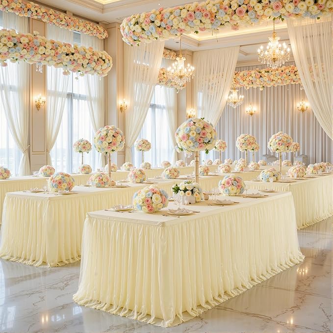Suppromo 8ft Champagne Tulle Tablecloths for Rectangle Tables 8 Foot Stretch Rectangular Table Cloths Wrinkle Free Table Cover with Tutu Skirt for Wedding Birthday Party Banquet Buffet Cake Event