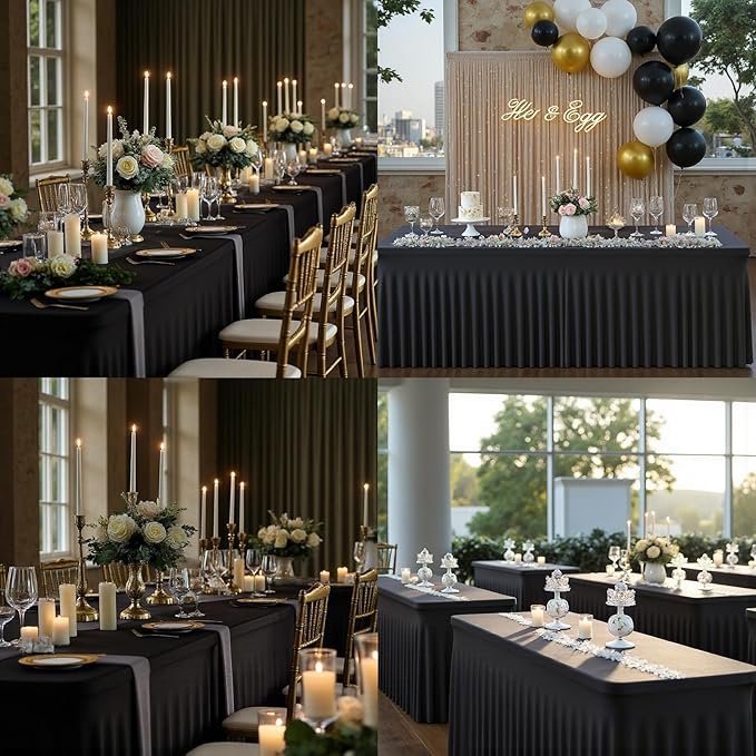 6 Pack Black Rectangle Tablecloth 72 Inch with Elastic Skirt - Wrinkle-Resistant Spandex Fitted 6FT Tables, Stretchable Table Cover for Wedding Banquet Birthday Party Buffet Restaurant