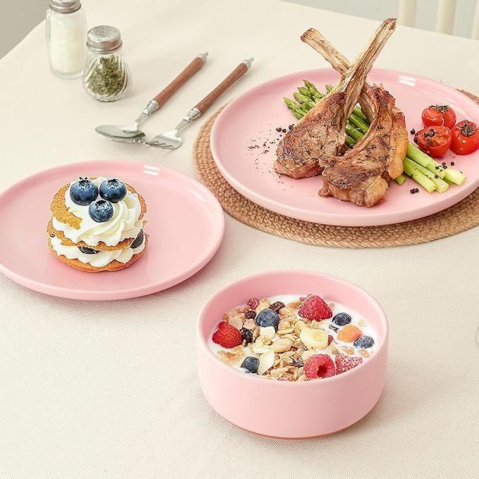 24 Piece Dinnerware Set, Dual Glaze Stoneware Plates and Bowls Sets, Modern Dinner Plate, Salad Plate, Cereal Bowl, Dish Set for 8, Microwave and Dishwasher Safe, Pink